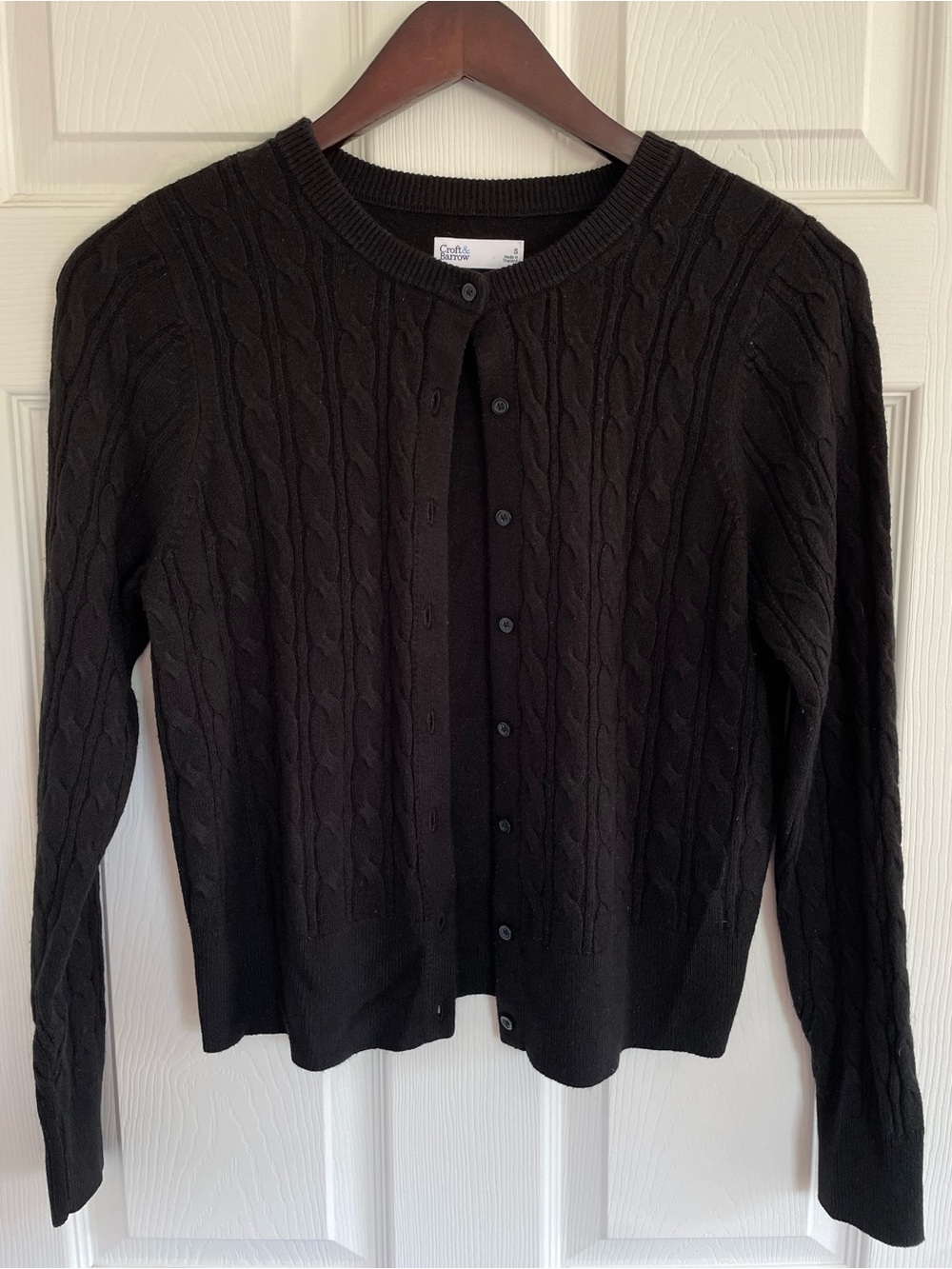 Black Cable Knit Button Front Cardigan Sweater Size Small Minimalist Capsule